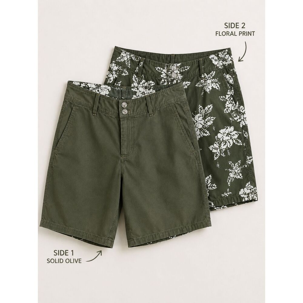 Reversible Olive Green Floral Shorts Men's 29 Nylon Cotton Beach Shorts